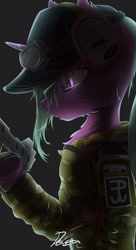 Size: 1500x2750 | Tagged: safe, artist:dranoellexa, imported from derpibooru, oc, oc only, semi-anthro, unicorn, black background, colored, crossover, ela, ela bosak, gun, handgun, military, pistol, poland, polish, rainbow six siege, simple background, solo, weapon