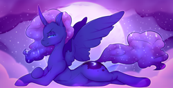 Size: 3350x1700 | Tagged: safe, artist:amberpendant, imported from derpibooru, princess luna, pony, cloud, looking at you, lying, moon, night, stars