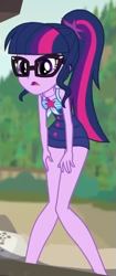 Size: 281x672 | Tagged: safe, imported from derpibooru, screencap, sci-twi, twilight sparkle, equestria girls, equestria girls series, x marks the spot, clothes, cropped, female, glasses, legs, nerd, open mouth, ponytail, sci-twi swimsuit, solo, swimsuit