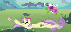 Size: 2232x1011 | Tagged: safe, artist:chococakebabe, imported from derpibooru, oc, oc only, oc:meadow blossom, butterfly, pony, unicorn, bow, female, flower, hair bow, mare, prone, solo, tail bow