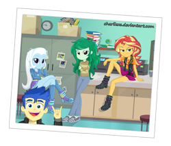 Size: 1363x1161 | Tagged: safe, artist:charliexe, imported from derpibooru, flash sentry, mystery mint, sunset shimmer, thunderbass, trixie, twilight sparkle, wallflower blush, equestria girls, equestria girls series, forgotten friendship, angry, annoyed, boots, clothes, crossed legs, female, frown, high heel boots, high heels, hoodie, leather, leather vest, legs, looking at you, midnight sparkle, pants, photo, photobomb, schrödinger's pantsu, shoes, skirt, skirt lift, smiling, socks, sunset shimmer is not amused, sweater, thighs, unamused, upskirt denied, wallflower blush is not amused, wallflower is not amused