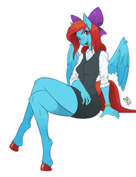 Size: 695x900 | Tagged: safe, artist:zwitterkitsune, imported from derpibooru, oc, oc only, oc:cara swiftwing, anthro, pegasus, unguligrade anthro, adorasexy, anthro oc, bow, clothes, colored sketch, commission, crossed legs, cute, female, hair bow, legs, mare, miniskirt, sexy, shirt, signature, simple background, sitting, skirt, smiling, solo, thighs, vest, white background