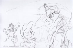 Size: 2464x1626 | Tagged: safe, artist:dilarus, deleted from derpibooru, imported from derpibooru, princess celestia, spike, twilight sparkle, alicorn, dragon, pony, comic:the many faces of twilight sparkle, black and white, grayscale, monochrome, traditional art, twilight sparkle (alicorn)