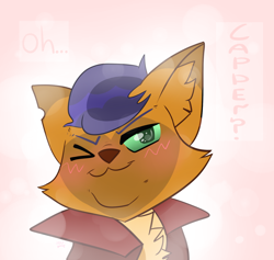 Size: 1024x972 | Tagged: safe, artist:haaaaar, imported from derpibooru, capper dapperpaws, abyssinian, anthro, my little pony: the movie, blushing, capperbetes, chest fluff, cute, male, one eye closed, solo, wink