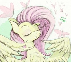 Size: 750x650 | Tagged: safe, artist:achmeddb, imported from derpibooru, fluttershy, butterfly, pegasus, pony, bust, calm, eyes closed, eyeshadow, female, makeup, mare, traditional art, wings