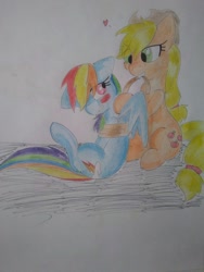 Size: 1024x1365 | Tagged: safe, artist:madfox001, imported from derpibooru, applejack, rainbow dash, appledash, blushing, bondage, female, heart, lesbian, rope, rope bondage, shipping, traditional art