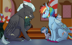 Size: 1800x1119 | Tagged: safe, artist:ghostwaffleheimer, deleted from derpibooru, imported from derpibooru, rainbow dash, thunderlane, oc, oc:bluejay dash, oc:donnerskrieg, offspring, parent:lightning dust, parent:pinkie pie, parent:rainbow dash, parent:thunderlane, parents:pinkiedash, parents:thunderdust, rainbow blitz, sad, trans boy, trans male, transgender