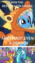 Size: 840x1507 | Tagged: safe, edit, edited screencap, imported from derpibooru, screencap, princess ember, smolder, spike, trixie, dragon, pony, unicorn, school daze, uncommon bond, best dragon, board game, dragon costume, dragon pit, dragoness, female, glowing horn, mare, unamused