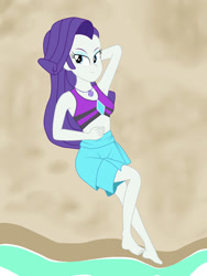 Size: 1024x1365 | Tagged: dead source, safe, artist:brick588, imported from derpibooru, rarity, equestria girls, equestria girls series, arm behind head, armpits, barefoot, clothes, feet, geode of shielding, looking at you, magical geodes, sarong, swimsuit