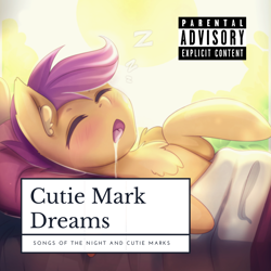 Size: 1400x1400 | Tagged: safe, alternate version, artist:igazella, editor:henbasket, imported from derpibooru, scootaloo, album cover, drool, parental advisory, zzz