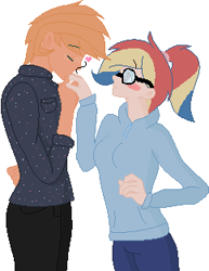 Size: 242x314 | Tagged: safe, artist:justcallmescaizor, imported from derpibooru, oc, oc only, oc:applewood jr., oc:rainboom dash, human, base used, blushing, female, freckles, glasses, hand kiss, heart, height difference, humanized, humanized oc, male, oc x oc, offspring, offspring shipping, parent:big macintosh, parent:fluttershy, parent:rainbow dash, parent:soarin', parents:fluttermac, parents:soarindash, shipping, simple background, straight, white background