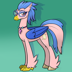 Size: 1400x1400 | Tagged: safe, artist:sinligereep, imported from derpibooru, oc, oc only, oc:vivian iolani, classical hippogriff, hippogriff, beak, cutie mark, female, glasses, gradient background, jewelry, looking at you, necklace, red eyes, simple background, smiling, solo, standing