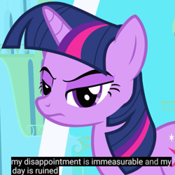 Size: 501x501 | Tagged: safe, edit, edited screencap, imported from derpibooru, screencap, twilight sparkle, pony, unicorn, friendship is magic, season 1, caption win, cropped, dialogue, fake, female, frown, grumpy, grumpy twilight, image macro, lidded eyes, meme, reaction image, solo, text, thereportoftheweek, unicorn twilight, youtube caption