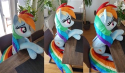 Size: 3432x2008 | Tagged: safe, artist:epicrainbowcrafts, imported from derpibooru, rainbow dash, pegasus, pony, chair, crossed hooves, cute, dashabetes, female, high res, irl, life size, mare, photo, plushie, sitting, solo, table