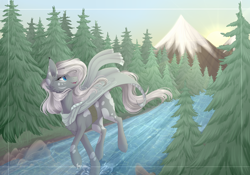 Size: 2500x1750 | Tagged: safe, artist:monogy, imported from derpibooru, oc, oc only, oc:huyana, earth pony, pony, cloak, clothes, female, mare, mountain, river, scarf, scenery, solo, tree