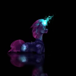 Size: 1024x1024 | Tagged: safe, artist:melodyboundless, imported from derpibooru, tempest shadow, pony, my little pony: the movie, dark, dark background, female, floppy ears, glow, glowing, glowing horn, magic, mare, reflection, solo, water