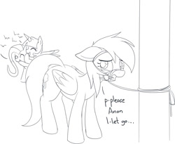 Size: 1204x988 | Tagged: safe, artist:mcsadat, imported from derpibooru, fluttershy, rainbow dash, twilight sparkle, pegasus, pony, begging, bit, bondage, bondage post, bridle, female, hitching post, humiliation, implied anon, laughing, lineart, mare, monochrome, pet play, rainbond dash, tack, tether