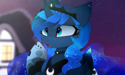 Size: 1595x959 | Tagged: safe, artist:magnaluna, imported from derpibooru, princess luna, alicorn, pony, luna eclipsed, alternate design, blurred background, blurry background, colored wings, comparison, cute, female, gesture, hoof over mouth, jewelry, lunabetes, mare, multicolored wings, night, ponyville, raised hoof, regalia, scene interpretation, solo, surprised, wings