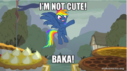 Size: 706x396 | Tagged: safe, edit, edited screencap, imported from derpibooru, screencap, rainbow dash, pegasus, pony, secrets and pies, adorapiehater, baka, blatant lies, cart, cute, evil pie hater dash, female, flag, house, i'm not cute, image macro, mare, meme, pies, raised hoof, solo, tree, tsunderahater dash, tsunderainbow, tsundere