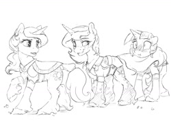 Size: 1200x850 | Tagged: safe, artist:silfoe, imported from derpibooru, princess celestia, princess luna, twilight sparkle, alicorn, classical unicorn, pony, unicorn, nomad au, black and white, blushing, disguise, female, flirting, grayscale, leonine tail, lesbian, mare, monochrome, seduction, shipping, simple background, sketch, tail seduce, traditional art, trio, twiluna, unshorn fetlocks, white background