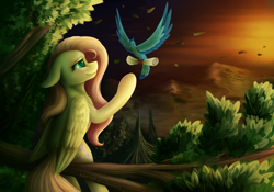 Size: 5000x3500 | Tagged: safe, artist:klarapl, imported from derpibooru, fluttershy, bird, pegasus, pony, female, letter, mare, scroll, smiling, sunset, tree, tree branch