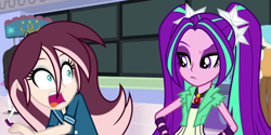 Size: 748x374 | Tagged: safe, artist:mlp-trailgrazer, imported from derpibooru, aria blaze, oc, oc:rosalie, equestria girls, clothes, surprised