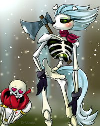 Size: 720x900 | Tagged: safe, artist:draltruist, imported from derpibooru, skellinore, anthro, the break up breakdown, axe, blushing, bone, clothes, crossover, crossover shipping, female, gloves, male, papyrus (undertale), shipping, skeleton, straight, undertale, weapon