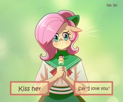 Size: 1849x1549 | Tagged: safe, artist:traupa, imported from derpibooru, fluttershy, anthro, pegasus, clothes, dating sim, female, mare, solo, video game