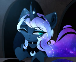 Size: 1817x1492 | Tagged: safe, artist:magnaluna, imported from derpibooru, princess luna, alicorn, pony, alternate hairstyle, alternate universe, cute, ethereal mane, female, galaxy mane, lunabetes, mare, slit eyes, slit pupils, solo