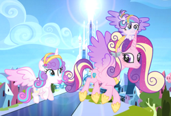 Size: 2849x1925 | Tagged: safe, artist:velveagicsentryyt, imported from derpibooru, princess cadance, princess flurry heart, oc, oc:chryssa, pony, baby, baby pony, flying, offspring, older, older flurry heart, parent:princess cadance, parent:shining armor, parents:shiningcadance