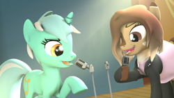 Size: 1920x1080 | Tagged: safe, artist:okimichan, imported from derpibooru, lyra heartstrings, oc, oc:claire, earth pony, pony, 3d, clothes, female, jacket, mare, microphone, skirt