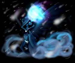Size: 1024x853 | Tagged: safe, artist:melodyboundless, imported from derpibooru, princess luna, spirit of hearth's warming yet to come, alicorn, pony, female, glowing horn, looking over shoulder, mare, snow, solo, spread wings, wings