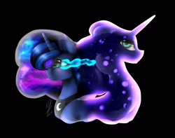 Size: 2048x1613 | Tagged: safe, artist:melodyboundless, imported from derpibooru, princess luna, tantabus, pony, black background, duo, ethereal mane, female, galaxy mane, glowing eyes, looking at you, mare, simple background