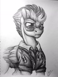 Size: 2241x3001 | Tagged: safe, artist:lupiarts, imported from derpibooru, spitfire, pegasus, pony, clothes, female, mare, monochrome, simple background, sketch, solo, sunglasses, traditional art
