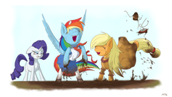 Size: 7200x4050 | Tagged: safe, artist:maneingreen, imported from derpibooru, applejack, rainbow dash, rarity, earth pony, pegasus, pony, unicorn, absurd resolution, angry, clothes, dress, female, mare, mud, re-tomboyish