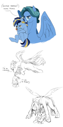 Size: 900x1800 | Tagged: safe, artist:pikokko, imported from derpibooru, oc, oc only, oc:chitin/morgenstern, oc:shining startrail, changepony, hybrid, pegasus, pony, unicorn, brothers, colt, crossed hooves, dialogue, disguise, disguised changeling, duo, glasses, half-siblings, interdimensional siblings, interspecies offspring, laurel wreath, male, mouth hold, offspring, parent:princess cadance, parent:queen chrysalis, parent:shining armor, parents:shining chrysalis, parents:shiningcadance, partial color, protecting, scruff, simple background, stallion, tail, tail pull, white background