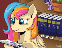 Size: 1024x796 | Tagged: safe, artist:lostinthetrees, imported from derpibooru, twilight sparkle, oc, oc:golden gates, alicorn, pegasus, pony, babscon, book, female, mare, solo focus, toy, twilight sparkle (alicorn)