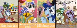 Size: 1280x470 | Tagged: safe, artist:lostinthetrees, imported from derpibooru, oc, oc only, oc:bonita, oc:golden gates, oc:silver span, oc:trees, earth pony, pegasus, pony, babscon, coffee, computer, female, laptop computer, mare, printer
