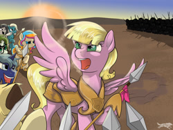 Size: 1600x1203 | Tagged: safe, artist:lostinthetrees, imported from derpibooru, oc, oc:golden gates, oc:trees, pegasus, pony, unicorn, andrea libman, armor, babscon, ponified, spear, sword, weapon