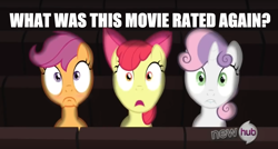 Size: 1387x743 | Tagged: safe, edit, edited screencap, imported from derpibooru, screencap, apple bloom, scootaloo, sweetie belle, earth pony, pegasus, pony, unicorn, one bad apple, cannot unsee, caption, cutie mark crusaders, female, hub logo, image macro, meme, movie, shocked