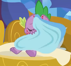 Size: 377x349 | Tagged: safe, imported from derpibooru, screencap, spike, dragon, molt down, bed, blanket, cropped, eyes closed, male, stone scales