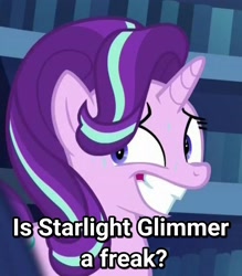 Size: 1575x1802 | Tagged: safe, edit, edited screencap, imported from derpibooru, screencap, starlight glimmer, unicorn, the crystalling, are equestrian ponies equine?, cropped, faic, freak, image macro, meme, meme origin, nervous, question, sweat, text, xenos