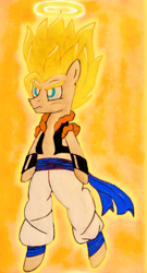 Size: 698x1294 | Tagged: safe, artist:protest0, artist:protesto, imported from derpibooru, oc, oc:enigma, oc:pipe dream, oc:pippeni, earth pony, pony, clothes, crossover, dragon ball, dragon ball z, fusion, fusion:gogeta, fusion:pippeni, glowing mane, gogeta, halo, male, super saiyan