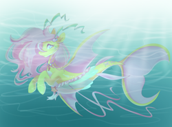 Size: 1200x887 | Tagged: safe, artist:kipaki, imported from derpibooru, fluttershy, merpony, seapony (g4), female, mare, seaponified, seapony fluttershy, solo, species swap, underwater, watershy