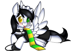 Size: 2048x1443 | Tagged: safe, artist:xcinnamon-twistx, imported from derpibooru, oc, oc only, oc:first choice, :p, blushing, clothes, collar, heart eyes, heterochromia, leash, maid, scarf, silly, simple background, socks, spread wings, stockings, thigh highs, tongue out, transparent background, wingboner, wingding eyes, wings