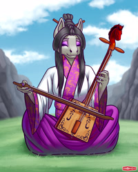 Size: 1536x1920 | Tagged: safe, artist:wwredgrave, imported from derpibooru, octavia melody, anthro, earth pony, asian, bow (instrument), clothes, dress, eyes closed, female, makeup, mare, mongol, mongolian, morinkhuur, musical instrument, nail polish, playing, playing instrument, sitting, solo