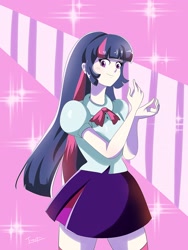 Size: 2977x3952 | Tagged: safe, artist:traupa, imported from derpibooru, twilight sparkle, human, clothes, cute, equestria girls outfit, female, humanized, looking at you, moe, pleated skirt, skirt, socks, thigh highs, thighs, zettai ryouiki