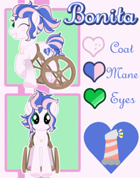 Size: 1024x1300 | Tagged: safe, artist:lostinthetrees, imported from derpibooru, oc, oc only, oc:bonita, earth pony, pony, babscon mascots, female, mare, one eye closed, reference sheet, solo, wheelchair, wink