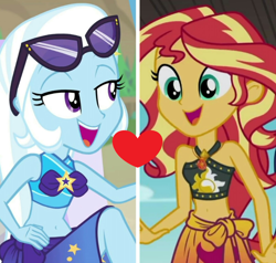 Size: 1204x1148 | Tagged: safe, edit, edited screencap, imported from derpibooru, screencap, sunset shimmer, trixie, equestria girls, equestria girls series, forgotten friendship, clothes, female, lesbian, shipping, shipping domino, sunglasses, sunglasses on head, suntrix, swimsuit