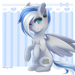 Size: 2000x2000 | Tagged: safe, artist:shimayaeiko, imported from derpibooru, oc, oc only, oc:snowy skies, pegasus, pony, abstract background, chest fluff, commission, ear piercing, earring, jewelry, piercing, solo